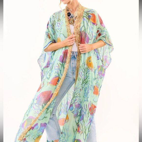 Aratta Silent Journey Ocean Breeze Tropical Fish Print Kimono One Size - Picture 2 of 9